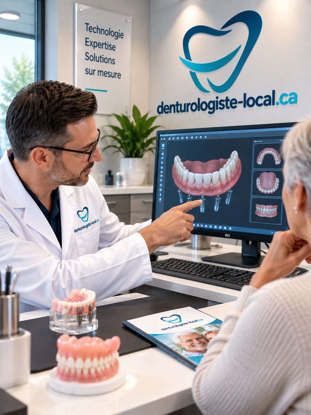 Denturologiste montrant à une patiente la conception numérique d'une prothèse sur implants affichée à l'écran